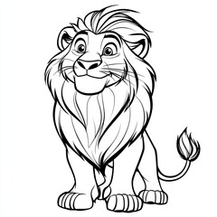 Obraz premium Adorable Lion Cub Cartoon Drawing: Majestic Wildlife, African King of the Jungle, Cute Animal Portrait, Black and White Line Art Illustration