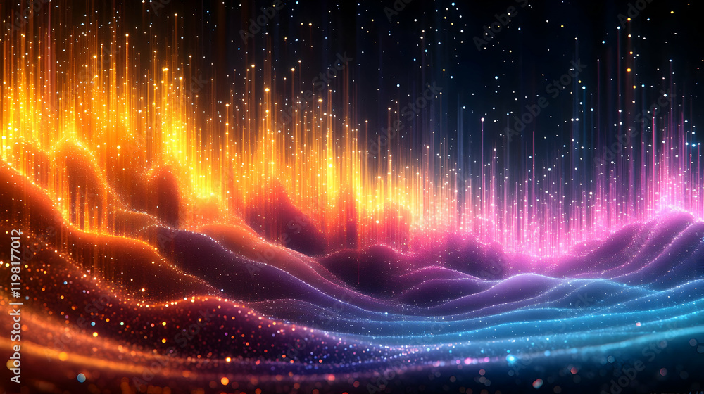 Poster vibrant abstract background with glowing particles and dynamic light waves
