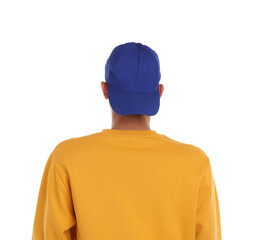 Man in stylish baseball cap on white background, back view. Mockup for design