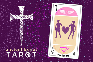 Egyptian taort card number six, called The Lovers. Silhouette of Michelangelo's David. 