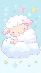 Cute cartoon lamb sleeping peacefully on a fluffy cloud surrounded by stars.