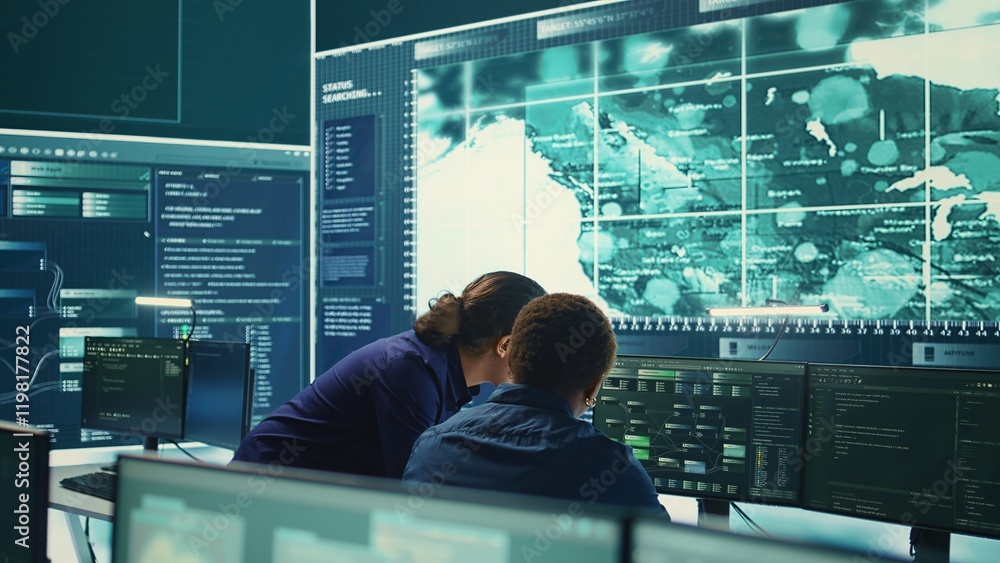 Poster governmental hackers using advanced software to protect against cyber threats, working in team. spec