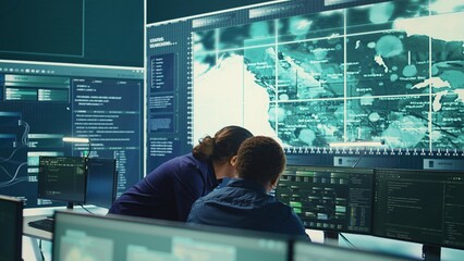 Governmental hackers using advanced software to protect against cyber threats, working in team. Specialists on cyber security, data and network protection unite forces in high tech office. Camera B.