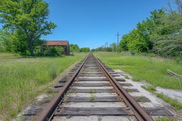 Fototapeta premium Rustic railroad tracks vanish into the distance, passing a weathered cabin and lush greenery. Perfect for illustrating themes of travel, journey, or rural solitude.