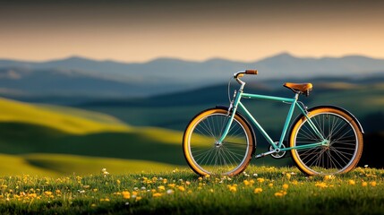 Naklejka premium [Serene countryside landscape with bicycle and sheep in yellow field] Bicycle Oasis Serene Landscape with Yellow Bicycle against Vast Flatlands under Clear Blue Sky