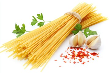 Chili flavored spaghetti with parsley and garlic on a white surface