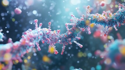 Fototapeta premium Close up view of molecular RNA chain surrounded by various viruses showcasing intricate biological structures and interactions. Generative AI