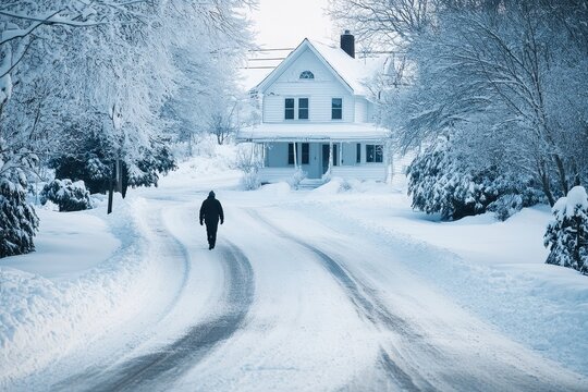 Snowy road scene, person walks toward a snow-covered house. Perfect for winter, solitude, or travel themes.