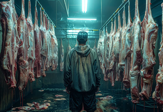 Man stands in a room full of hanging meat. The meat is covered in blood and the room is dimly lit. The man is looking at the meat with a sense of curiosity or disgust