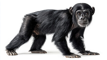 Realistic depiction of a standing chimpanzee with detailed features and expressive eyes showcasing natural behavior in a clean, white background setting
