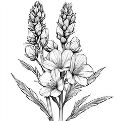 Black and White Botanical Flower Illustration: Elegant Line Art Print of Delicate Petals and Blooms