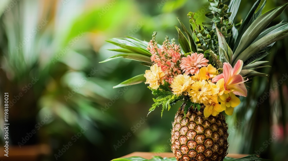 Poster fresh pineapple serves as a unique and vibrant vase filled with colorful flowers in a lush indoor se