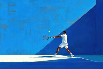 Tennis player in white, striking a ball against a vibrant blue court. Perfect for sports, activity, and health-related projects.