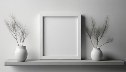 Elegant White Wooden Frame Adorning a Minimalist White Wall, Evoking a Sense of Serenity and...