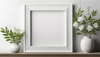 Vintage White Wooden Photo Frame Emptily Hanging Against a Pure White Backdrop, Echoing the Minimalist Beauty of Simplicity and Solitude.