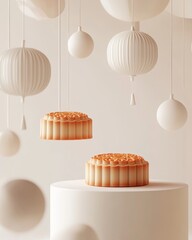 Modern 3D Illustration of Mooncake and Lanterns for MidAutumn Festival