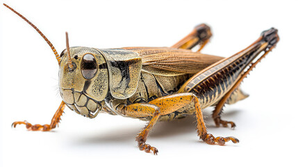 Macro Close-Up of a Realistic Grasshopper with Detailed Texture and Clear Features on White Background for Nature and Biology Themes