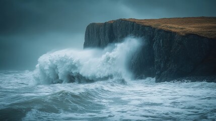 Fototapeta premium [Powerful ocean storm vs serene coastline] Powerful Ocean Wave Crashing Against Dark Rock Formations