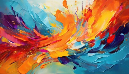 Dynamic Abstract Masterpiece Vibrant Paint Strokes Interact Across the Canvas, Creating an Expressive Dance of Colors and Textures.