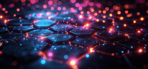 Futuristic Cyberpunk Digital Landscape with Glowing Hexagons and Interconnected Nodes in the Metaverse
