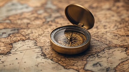 Antique compass on vintage map, travel planning, adventure background
