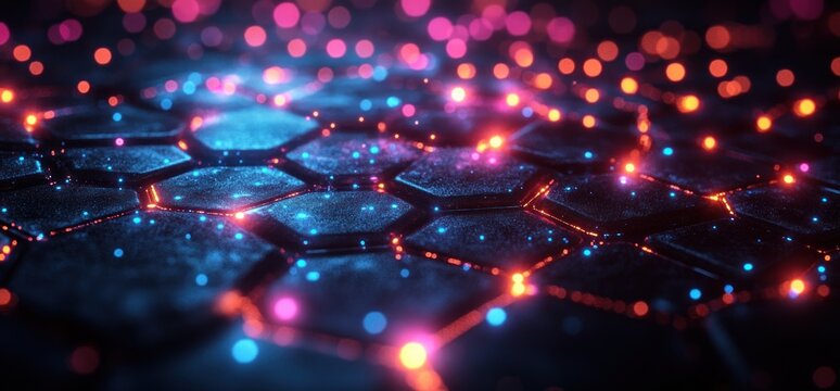Futuristic Cyberpunk Digital Landscape with Glowing Hexagons and Interconnected Nodes in the Metaverse