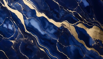 Abstract deep dark-blue marble texture with gold splashes, indigo luxury background