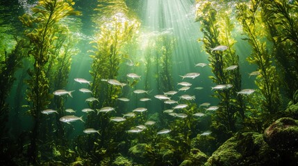 Obraz premium [Underwater vibrant coral reef ecosystem] Vibrant Marine Life Amidst Algae Green Waters with Schools of Small Fish Reflecting Light.