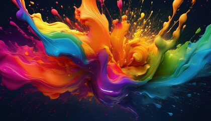 Vibrant Rainbow Explosion of Liquid Paints Swirling and Splashing, Creating a Spectacular Artistic...