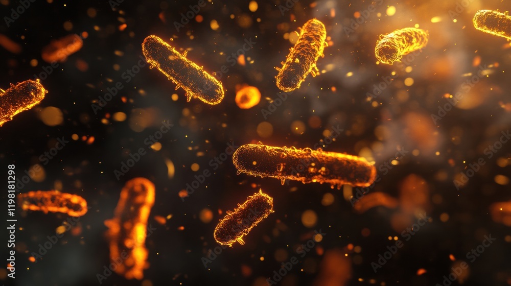 Poster high resolution 3d render of glowing microbes showcasing microbial life under dynamic lighting condi