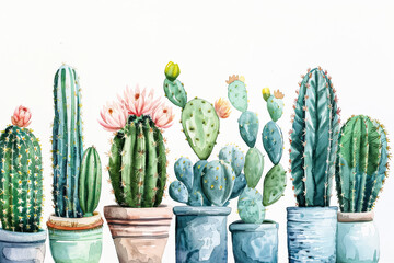 Painting of several cacti in different sized pots. The painting is done in a style that is reminiscent of a watercolor painting. The mood of the painting is calm and peaceful
