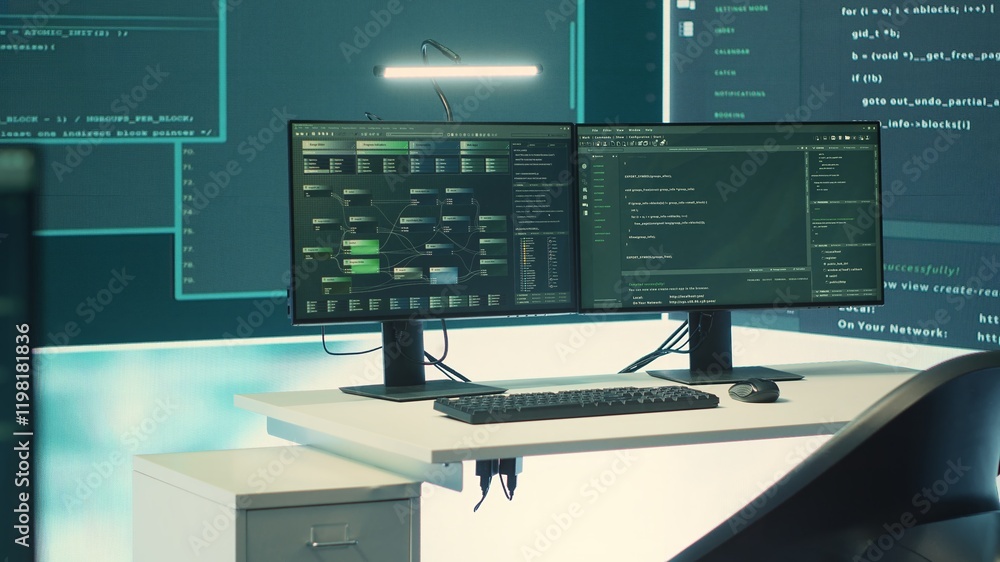 Poster secure surveillance room with advanced computer technology for cyber threat detection. governmental 