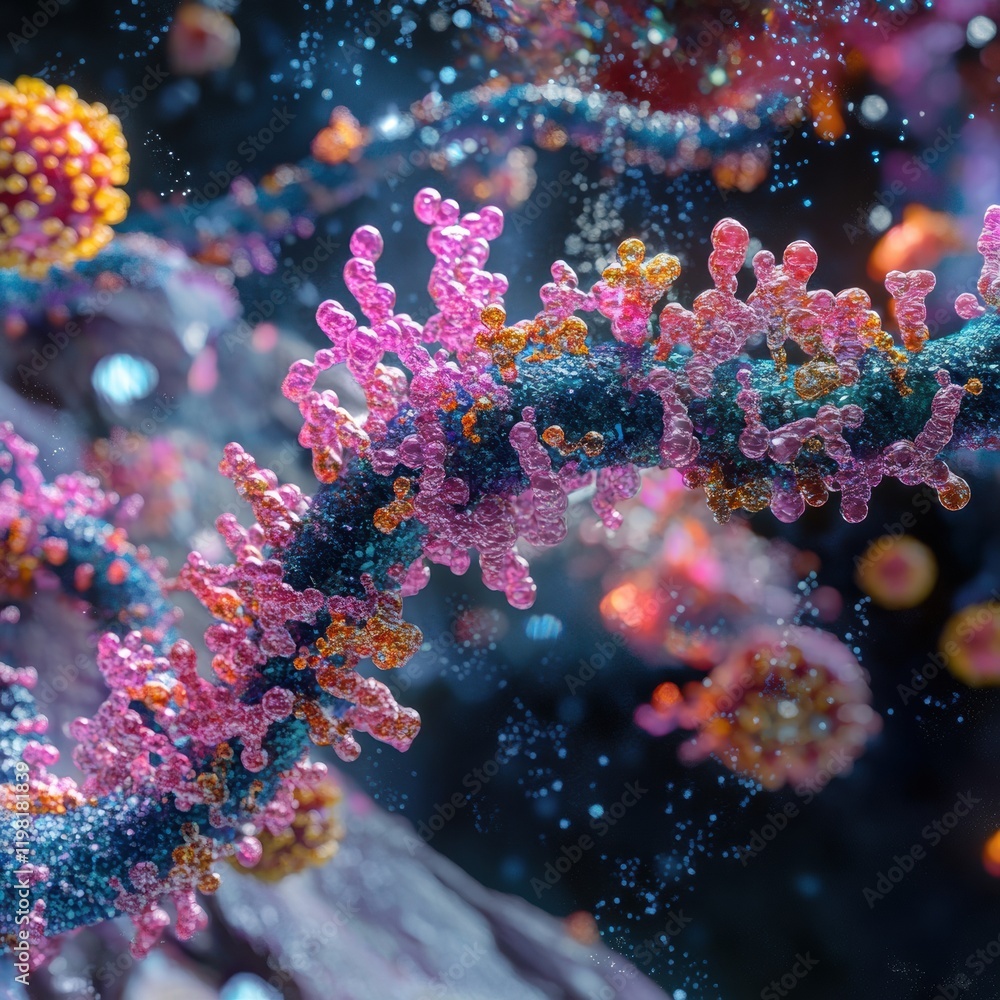 Poster close up view of a molecular rna chain surrounded by various viruses in a colorful and dynamic envir