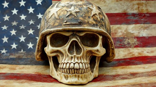 Skull wearing military helmet placed against a backdrop of an American flag showcasing patriotic symbolism