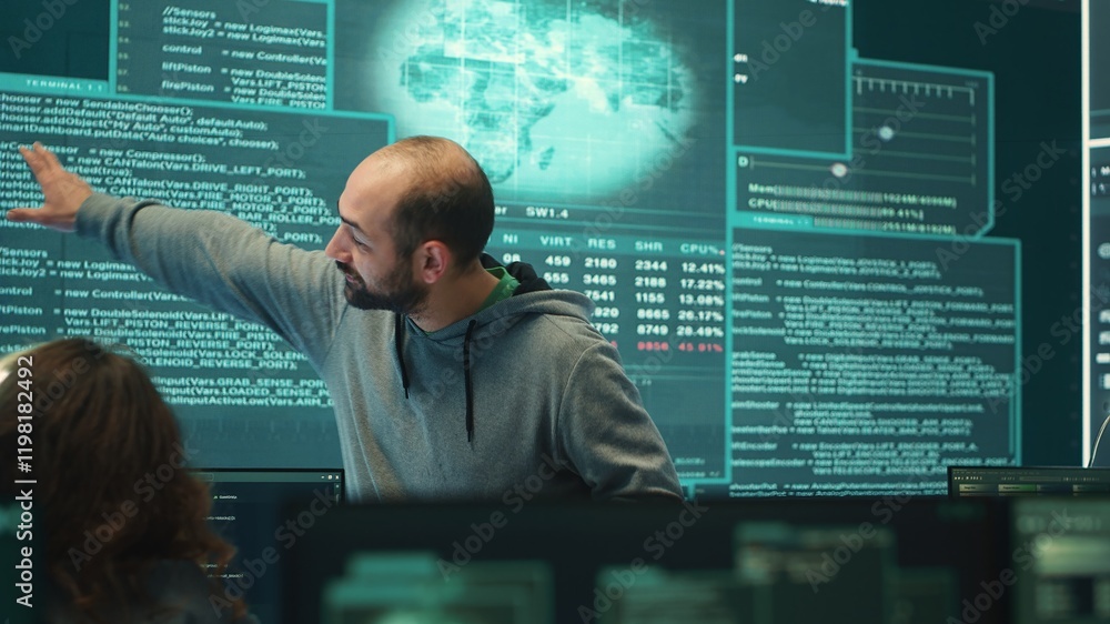 Poster cyber investigation team working in a governmental hacking room, working on computer security and ph