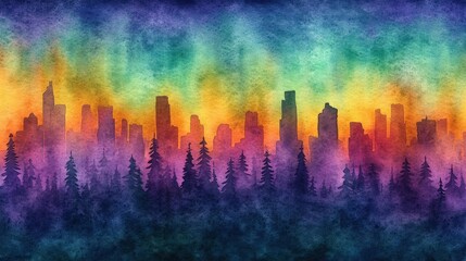 Vibrant Cityscape at Sunset with Watercolor Forest Silhouette