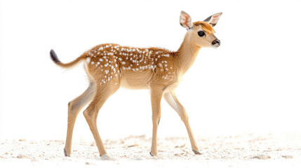 Cute fawn walking gracefully in a serene environment highlighting innocence and beauty with natural soft lighting and minimalistic background appeal
