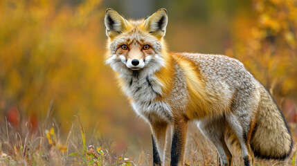 Fototapeta premium Majestic Red Fox Standing Gracefully in a Vibrant Autumn Landscape Surrounded by Colorful Foliage and Nature's Beauty
