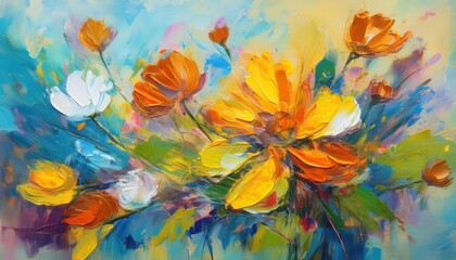 Vibrant Floral Expression Acrylic Painting on Paper Showcasing Exuberant Blooms, Rich Textures, and Vivid Colors in a Whimsical Composition