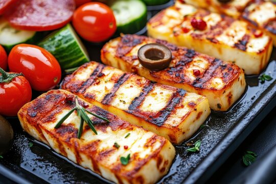 Close up of grilled haloumi on a dark skillet with olives tomatoes cucumbers and pepperoni