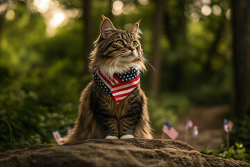 A photo of a stunning Norwegian Forest Cat perched on a large rock in the middle of a forest clearing, wearing an American flag bandana celebration card