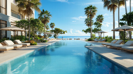 Luxurious Resort Pool with Ocean View and Palm Trees Under Bright Blue Sky