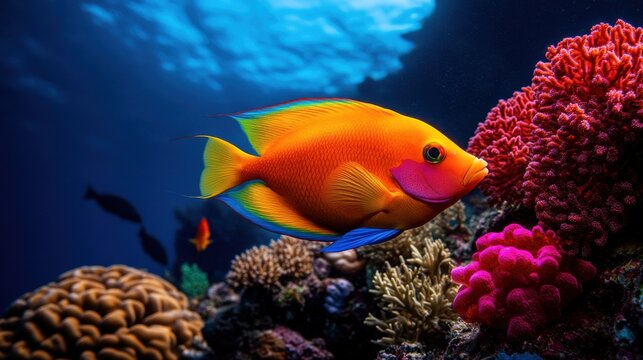 [Vibrant colorful fish swimming near coral reef] Vibrant Coral Reef Fish Swimming Amidst Tropical Paradise.