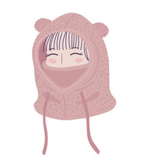 Girl in faux fur hat with ears. Fashion fur winter hat. Hand drawn illustration