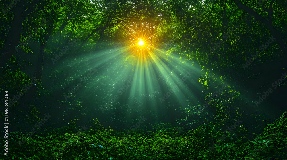 Poster sunbeams filtering through lush green forest canopy, creating a magical and serene atmosphere