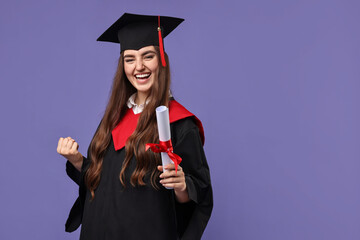 Happy student with diploma after graduation on violet background. Space for text