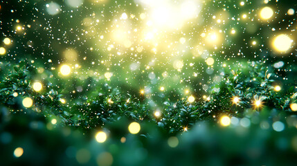 Magical Forest at Night: Enchanting Green Nature Background with Golden Lights and Sparkles