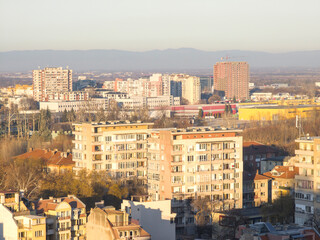 Fototapeta premium Sunset view of Plovdiv city from Nebet Tepe hill, Bulgaria