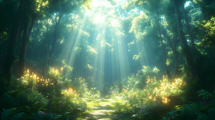 Sunbeams Illuminate a Magical Forest Path