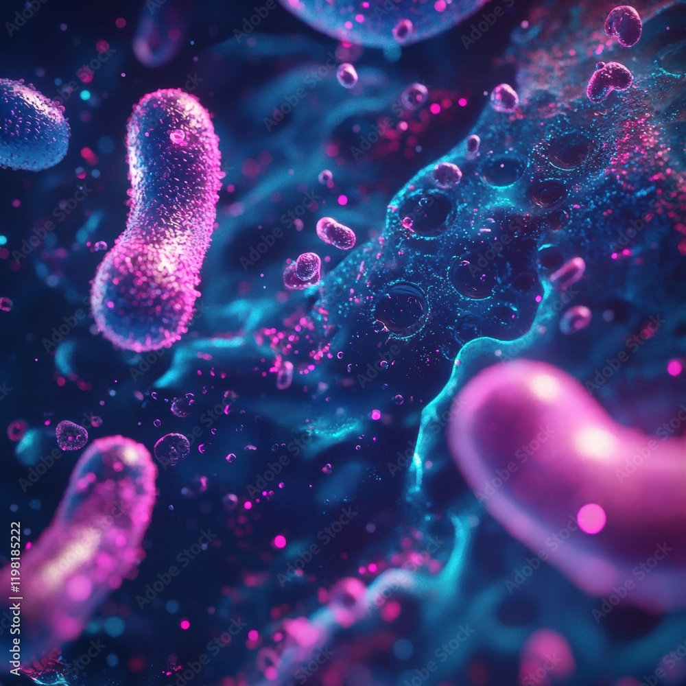 Poster detailed 3d render showcasing vibrant microbes in a colorful microscopic environment. generative ai